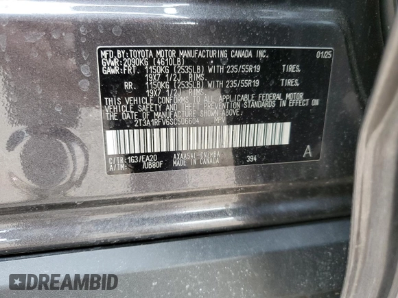 2025 Toyota RAV4 XLE Premium with VIN 2T3A1RFV6SC506604, listed as a Copart auction lot 54878595 with 278 mi miles and Salvage title. Bid and sale history available at DreamBid. Image 14.