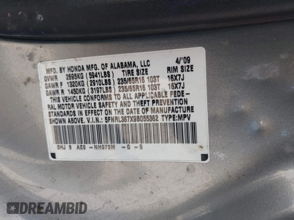 2009 Honda Odyssey EX-L with VIN 5FNRL387X9B055362, listed as a IAAI auction lot 42051881 with 139,172 mi miles and . Bid and sale history available at DreamBid. Image 9.