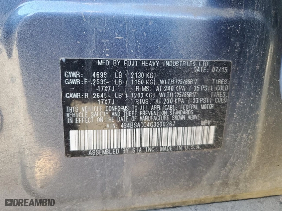 2016 Subaru Outback 2.5i Premium with VIN 4S4BSACC4G3200267, listed as a Copart auction lot 50267035 with 94,093 mi miles and Salvage Title. Bid and sale history available at carsss.com. Image 14.