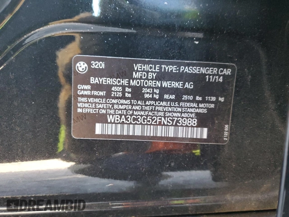 2015 BMW 3 Series 320i xDrive with VIN WBA3C3G52FNS73988, listed as a Copart auction lot 45341345 with Not Provided miles and Clean Title. Bid and sale history available at carsss.com. Image 12.