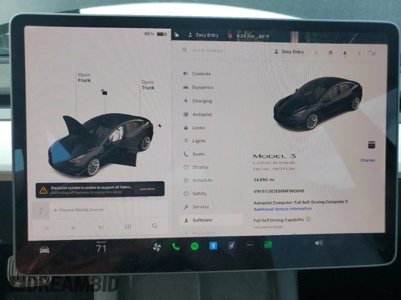 2021 Tesla Model 3 Long Range with VIN 5YJ3E1EB6MF980646, listed as a Copart auction lot 54137115 with 34,690 mi miles and Salvage Title. Bid and sale history available at carsss.com. Image 9.