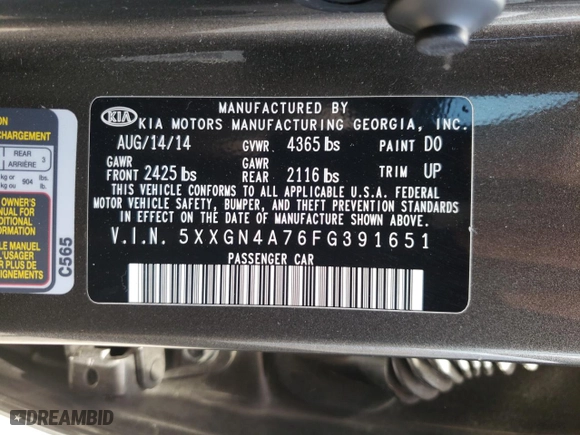 2015 Kia Optima EX with VIN 5XXGN4A76FG391651, listed as a Copart auction lot 54016675 with 155,864 mi miles and Clean Title. Bid and sale history available at carsss.com. Image 12.