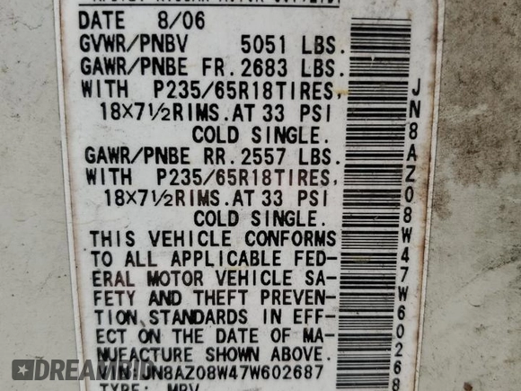 2007 Nissan Murano S with VIN JN8AZ08W47W602687, listed as a Copart auction lot 63766954 with 241,212 mi miles and Salvage Title. Bid and sale history available at carsss.com. Image 13.