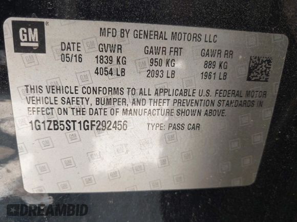 2016 Chevrolet Malibu LS with VIN 1G1ZB5ST1GF292456, listed as a IAAI auction lot 42408433 with 144,430 mi miles and . Bid and sale history available at DreamBid. Image 9.