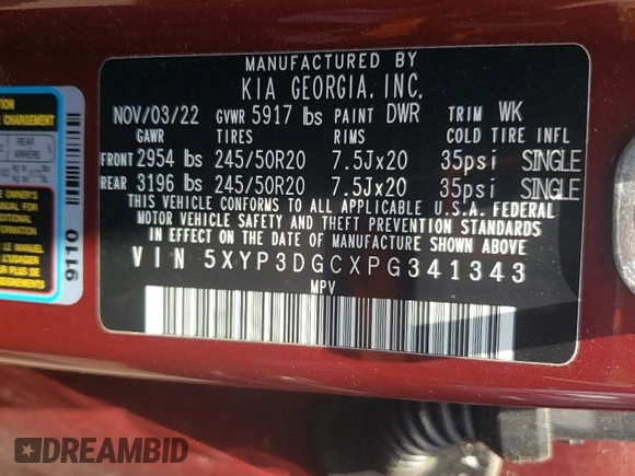 2023 Kia Telluride EX X-Line with VIN 5XYP3DGCXPG341343, listed as a Copart auction lot 60147165 with 29,990 mi miles and Salvage title. Bid and sale history available at DreamBid. Image 14.