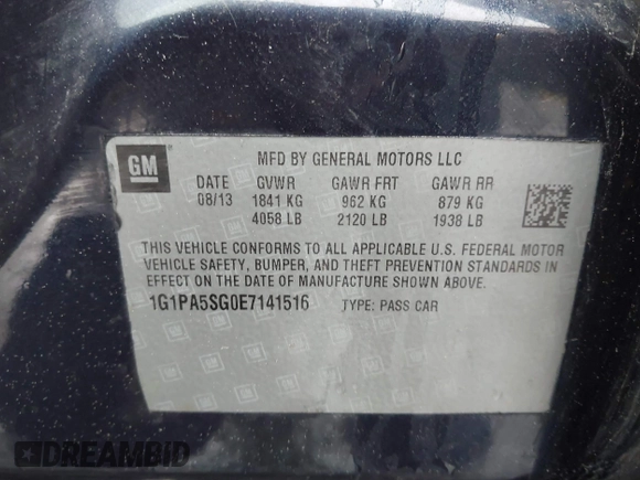 2014 Chevrolet Cruze LS with VIN 1G1PA5SG0E7141516, listed as a IAAI auction lot 42272535 with 71,249 mi miles and . Bid and sale history available at DreamBid. Image 9.
