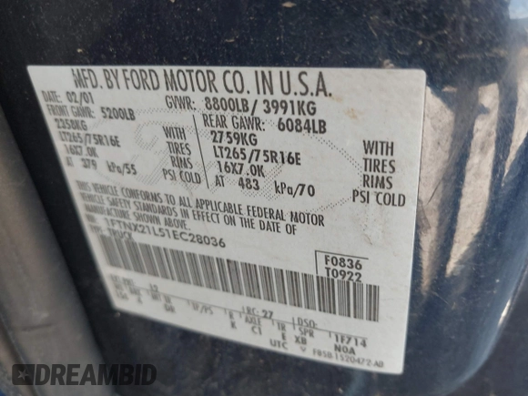 2001 Ford Super Duty F-250 XL with VIN 1FTNX21L51EC28036, listed as a IAAI auction lot 41768113 with 141,603 mi miles. Bid and sale history available at carsss.com. Image 9.