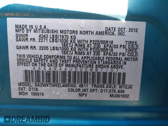 2013 Mitsubishi Outlander Sport SE with VIN 4A4AR4AU5DE007157, listed as a IAAI auction lot 42018513 with 72,902 mi miles. Bid and sale history available at carsss.com. Image 9.