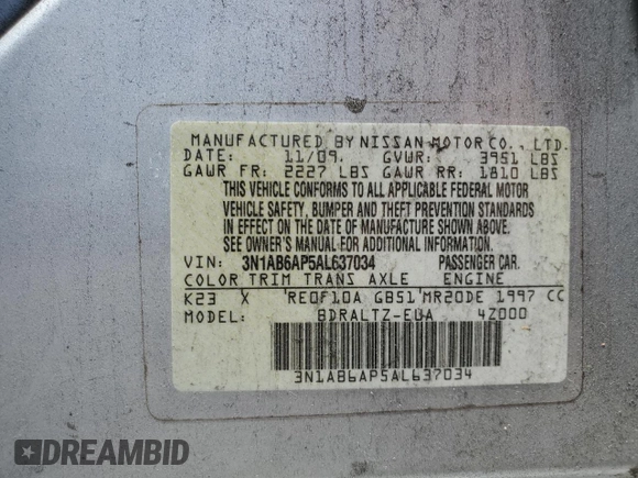 2010 Nissan Sentra S with VIN 3N1AB6AP5AL637034, listed as a Copart auction lot 61011835 with 176,874 mi miles and Salvage title. Bid and sale history available at DreamBid. Image 12.