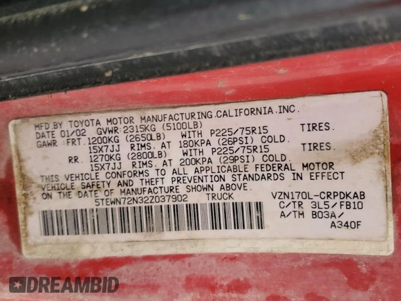 2002 Toyota Tacoma z VIN 5TEWN72N32Z037902, wystawiony jako Copart lot #52958925 z przebiegiem Nie podano mil oraz Szkoda całkowita • Salvage title. Historia ofert i sprzedaży dostępna na DreamBid. Obrazek 12.