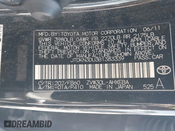 2011 Toyota Prius I with VIN JTDKN3DU3B1383339, listed as a IAAI auction lot 42086995 with 246,239 mi miles. Bid and sale history available at carsss.com. Image 9.