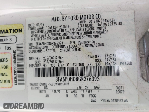 2016 Ford Fusion SE with VIN 3FA6P0HD8GR376393, listed as a IAAI auction lot 41906939 with 147,903 mi miles and . Bid and sale history available at DreamBid. Image 9.