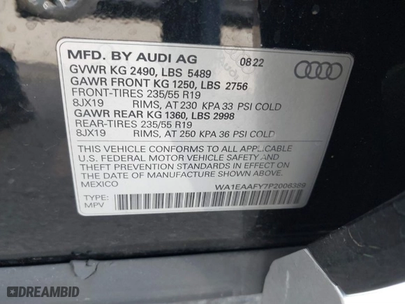 2023 Audi Q5 S line Premium Plus with VIN WA1EAAFY7P2006389, listed as a IAAI auction lot 41612116 with 17,954 mi miles. Bid and sale history available at carsss.com. Image 9.
