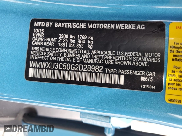 2016 MINI Hardtop 4 Door S with VIN WMWXU3C50G2D28982, listed as a Copart auction lot 63376925 with 97,519 mi miles and Salvage title. Bid and sale history available at DreamBid. Image 12.
