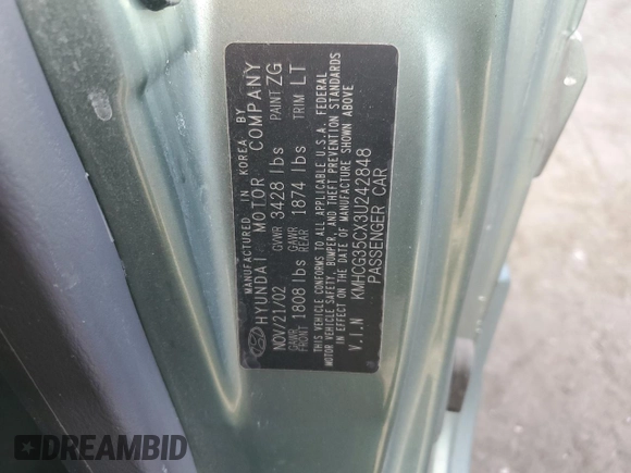 2003 Hyundai Accent GL with VIN KMHCG35CX3U242848, listed as a Copart auction lot 86558394 with 56,248 mi miles and Salvage Title. Bid and sale history available at carsss.com. Image 12.