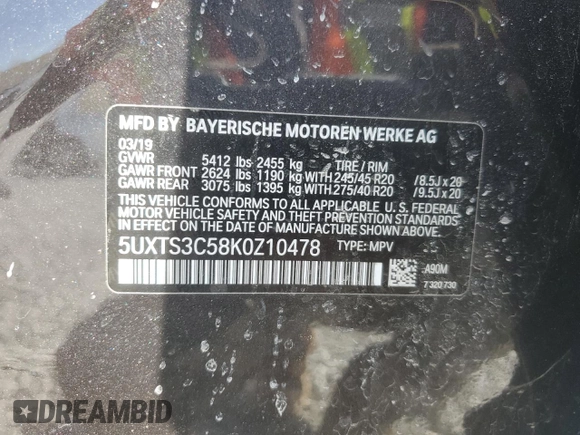 2019 BMW X3 M40i with VIN 5UXTS3C58K0Z10478, listed as a Copart auction lot 49874785 with 60,944 mi miles and Salvage Title. Bid and sale history available at DreamBid. Image 14.