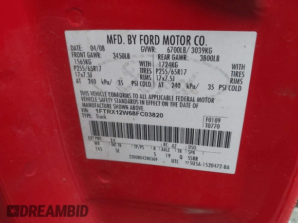 2008 Ford F-150 STX with VIN 1FTRX12W68FC03820, listed as a IAAI auction lot 42352271 with 231,190 mi miles and . Bid and sale history available at DreamBid. Image 9.