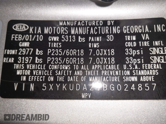 2011 Kia Sorento EX with VIN 5XYKUDA21BG024857, listed as a IAAI auction lot 42243340 with 145,514 mi miles and . Bid and sale history available at DreamBid. Image 9.