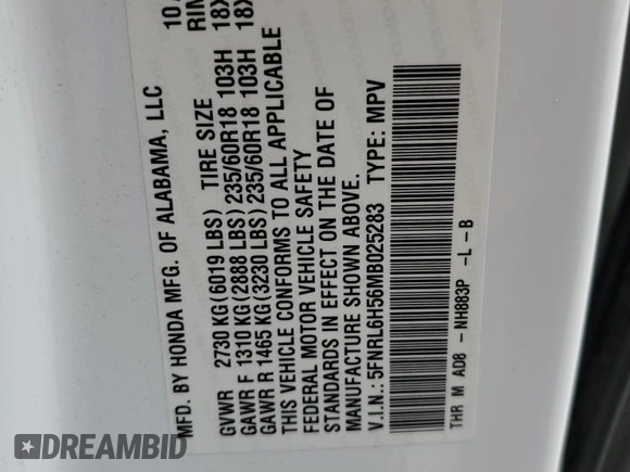 2021 Honda Odyssey EX with VIN 5FNRL6H56MB025283, listed as a Copart auction lot 51373475 with 25,851 mi miles and Salvage Title. Bid and sale history available at DreamBid. Image 14.