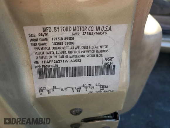2001 Ford Focus SE with VIN 1FAFP36371W363523, listed as a Copart auction lot 77208164 with Not Provided miles and Salvage Title. Bid and sale history available at carsss.com. Image 12.