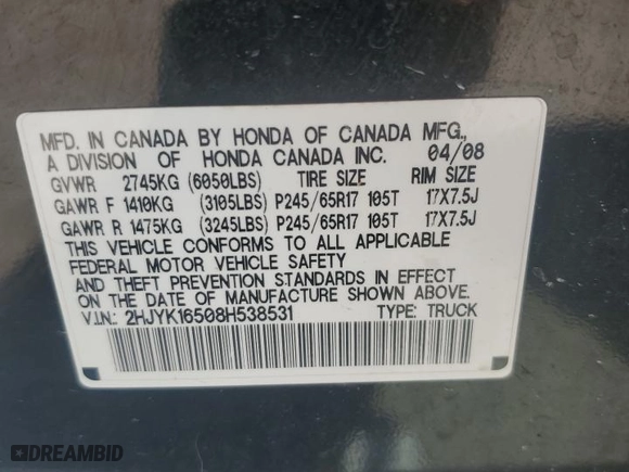 2008 Honda Ridgeline RTL with VIN 2HJYK16508H538531, listed as a Copart auction lot 69711124 with 0 mi miles and Salvage Title. Bid and sale history available at carsss.com. Image 12.