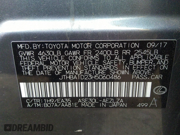2017 Lexus IS 200t with VIN JTHBA1D23H5060486, listed as a IAAI auction lot 41545043 with 72,713 mi miles and . Bid and sale history available at DreamBid. Image 9.