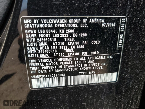2019 Volkswagen Atlas SE with VIN 1V2DP2CA1KC590593, listed as a Copart auction lot 53830035 with 79,103 mi miles and Salvage title. Bid and sale history available at DreamBid. Image 13.