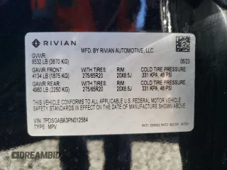 2023 Rivian R1S Adventure with VIN 7PDSGABA3PN012584, listed as a Copart auction lot 47557575 with 8,633 mi miles and Salvage Title. Bid and sale history available at carsss.com. Image 13.