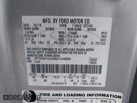 2010 Ford F-150 XL with VIN 1FTFW1CV5AFC04555, listed as a IAAI auction lot 41566725 with 180,352 mi miles. Bid and sale history available at carsss.com. Image 9.