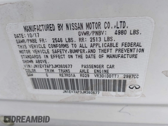 2018 Infiniti Q50 Luxe with VIN JN1EV7AP3JM360677, listed as a IAAI auction lot 41690938 with 120,807 mi miles and . Bid and sale history available at DreamBid. Image 9.