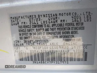 2023 Nissan Sentra SV with VIN 3N1AB8CV7PY317975, listed as a IAAI auction lot 42203504 with 39,032 mi miles. Bid and sale history available at carsss.com. Image 9.