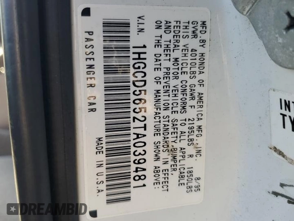 1996 Honda Accord EX with VIN 1HGCD5652TA039481, listed as a Copart auction lot 69488504 with 139,610 mi miles and Salvage Title. Bid and sale history available at DreamBid. Image 12.