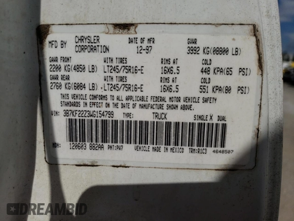 1998 Dodge Ram 2500 with VIN 3B7KF22Z3WG154799, listed as a Copart auction lot 74518964 with 158,577 mi miles and Salvage Title. Bid and sale history available at carsss.com. Image 12.