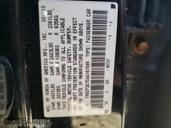 2010 Honda Accord EX with VIN 1HGCP2E75AA161595, listed as a Copart auction lot 77727184 with 269,494 mi miles and Clean title. Bid and sale history available at DreamBid. Image 12.