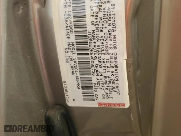 1997 Toyota Camry LE with VIN JT2BG22K8V0082736, listed as a Copart auction lot 58735955 with 54,699 mi miles and Salvage title. Bid and sale history available at DreamBid. Image 12.