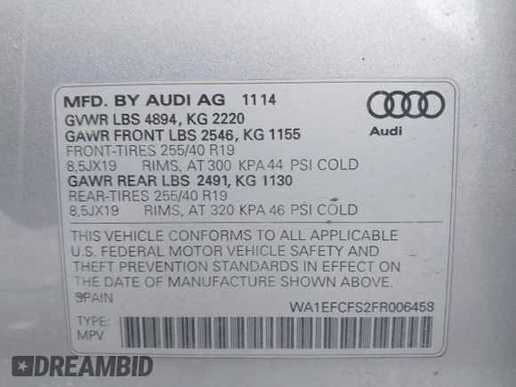 2015 Audi Q3 Premium Plus with VIN WA1EFCFS2FR006458, listed as a IAAI auction lot 41734169 with 102,783 mi miles and . Bid and sale history available at DreamBid. Image 9.