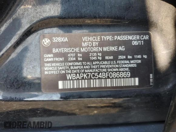 2011 BMW 3 Series 328i xDrive with VIN WBAPK7C54BF086869, listed as a Copart auction lot 63787175 with 151,738 mi miles and Salvage title. Bid and sale history available at DreamBid. Image 12.