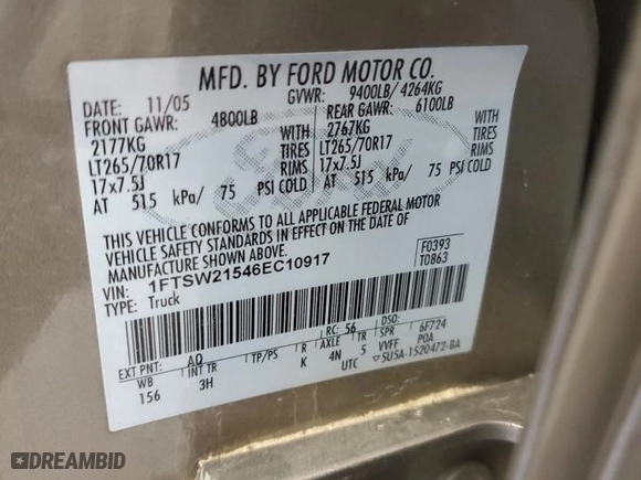 2006 Ford Super Duty F-250 XL with VIN 1FTSW21546EC10917, listed as a Copart auction lot 67280364 with 59,621 mi miles and Clean Title. Bid and sale history available at carsss.com. Image 13.