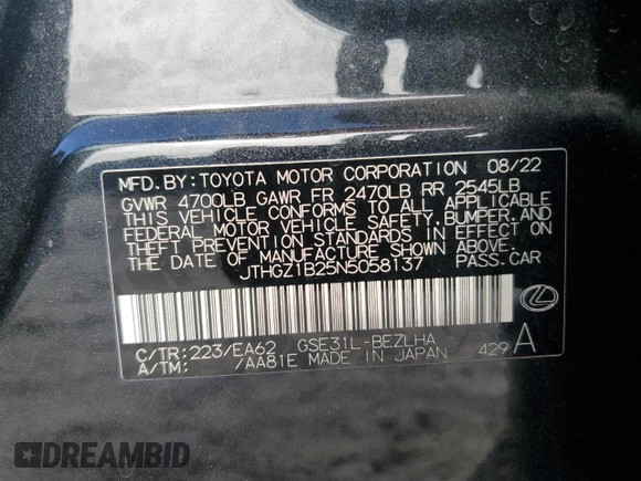 2022 Lexus IS 350 F Sport z VIN JTHGZ1B25N5058137, wystawiony jako Copart lot #52541375 z przebiegiem 121 963 mil mil oraz Szkoda całkowita • Salvage title. Historia ofert i sprzedaży dostępna na DreamBid. Obrazek 13.