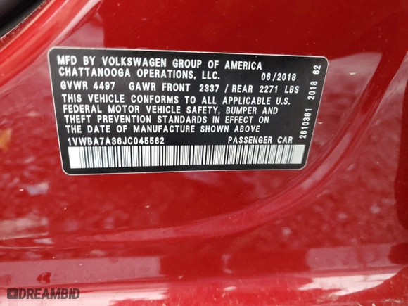 2018 Volkswagen Passat 2.0T SE with VIN 1VWBA7A36JC045562, listed as a Copart auction lot 45023195 with 78,335 mi miles and Salvage Title. Bid and sale history available at carsss.com. Image 13.