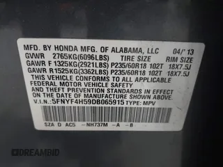 2013 Honda Pilot EX-L with VIN 5FNYF4H59DB065915, listed as a IAAI auction lot 42063074 with 118,894 mi miles. Bid and sale history available at carsss.com. Image 9.