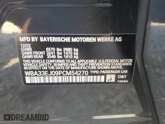 2023 BMW 7 Series 760i xDrive with VIN WBA33EJ09PCM54270, listed as a Copart auction lot 56201195 with 39,708 mi miles and Salvage title. Bid and sale history available at DreamBid. Image 12.