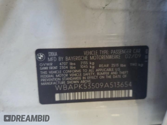 2009 BMW 3 Series 328i xDrive with VIN WBAPK53509A513654, listed as a Copart auction lot 64696745 with 120,230 mi miles and Salvage title. Bid and sale history available at DreamBid. Image 12.