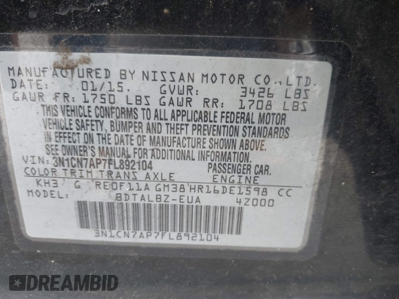 2015 Nissan Versa SV with VIN 3N1CN7AP7FL892104, listed as a IAAI auction lot 42539762 with 96,643 mi miles and . Bid and sale history available at DreamBid. Image 9.