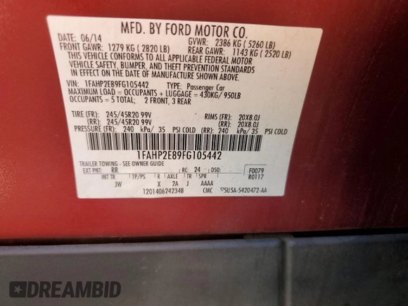 2015 Ford Taurus SEL with VIN 1FAHP2E89FG105442, listed as a Copart auction lot 54446805 with Not Provided miles and Salvage Title. Bid and sale history available at carsss.com. Image 12.
