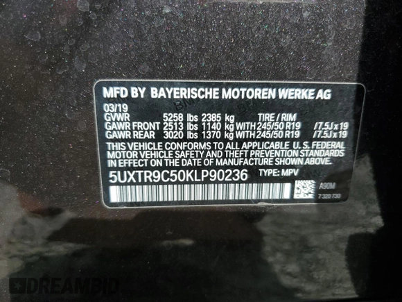 2019 BMW X3 xDrive30i with VIN 5UXTR9C50KLP90236, listed as a Copart auction lot 54836495 with 51,380 mi miles and Salvage Title. Bid and sale history available at DreamBid. Image 14.