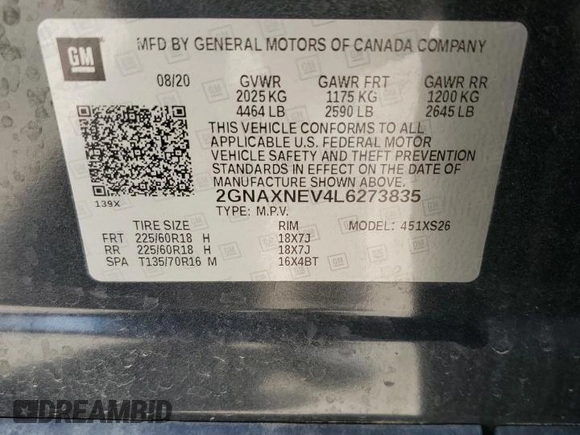 2020 Chevrolet Equinox Premier z VIN 2GNAXNEV4L6273835, wystawiony jako Copart lot #54665305 z przebiegiem 45 313 mil mil oraz Nie do naprawy • Non repairable. Historia ofert i sprzedaży dostępna na DreamBid. Obrazek 13.