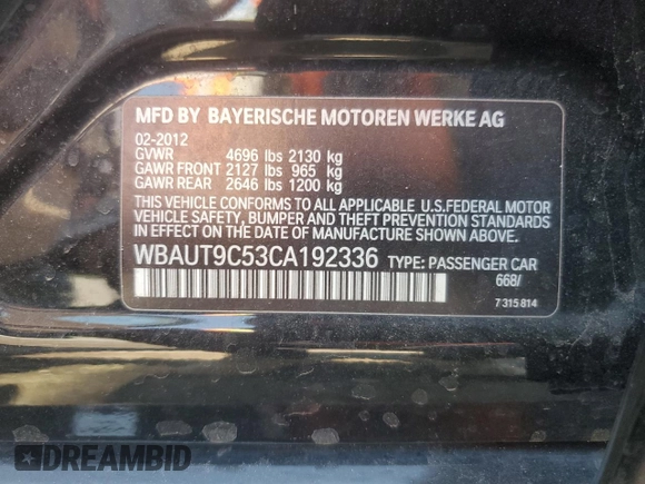 2012 BMW 3 Series 328i with VIN WBAUT9C53CA192336, listed as a Copart auction lot 73711274 with 93,458 mi miles and Salvage title. Bid and sale history available at DreamBid. Image 13.