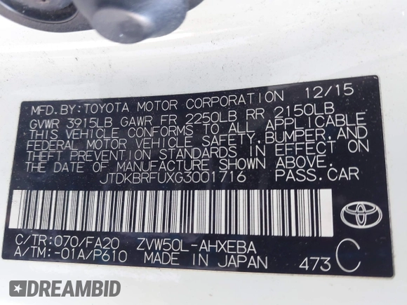 2016 Toyota Prius Two with VIN JTDKBRFUXG3001716, listed as a IAAI auction lot 42009763 with 177,132 mi miles and . Bid and sale history available at carsss.com. Image 9.
