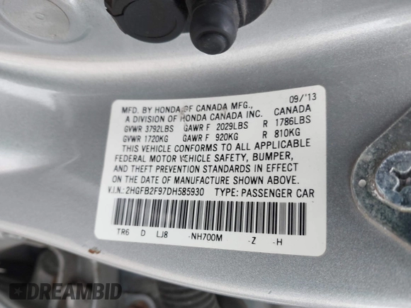 2013 Honda Civic EX-L with VIN 2HGFB2F97DH585930, listed as a IAAI auction lot 42052923 with 187,239 mi miles and . Bid and sale history available at DreamBid. Image 9.